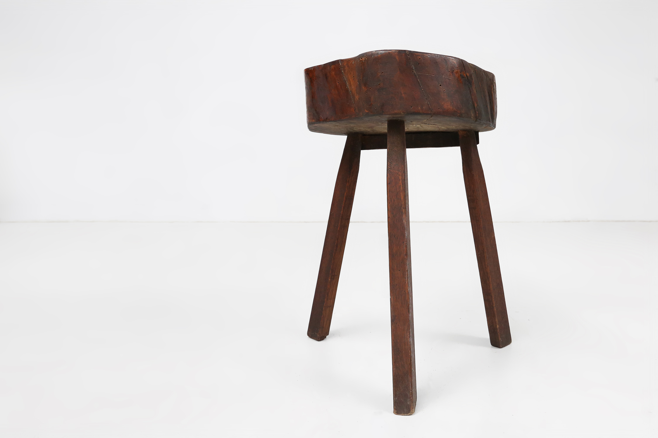 Rustic wooden tripod stool with tree trunk seat, France ca. 1900thumbnail